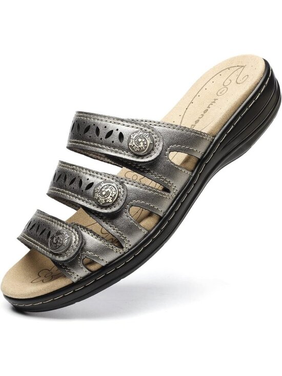 Shoes - Women's Comfort Leather Slides Flat Sandals Pewter Slip On Walking Slippers